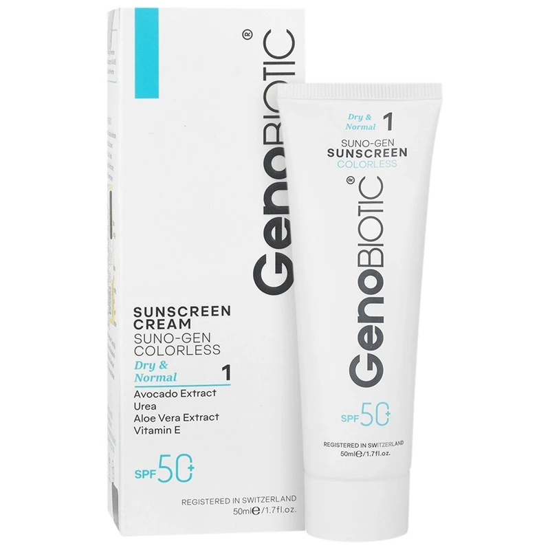 کرم ضد آفتاب بی‌رنگ پوست خشک و نرمال دست و صورت ژنوبایوتیک SPF 50 مدل SUNO-GEN-D محافظ UVA ،UVB، حجم 50 میلی‌لیتر